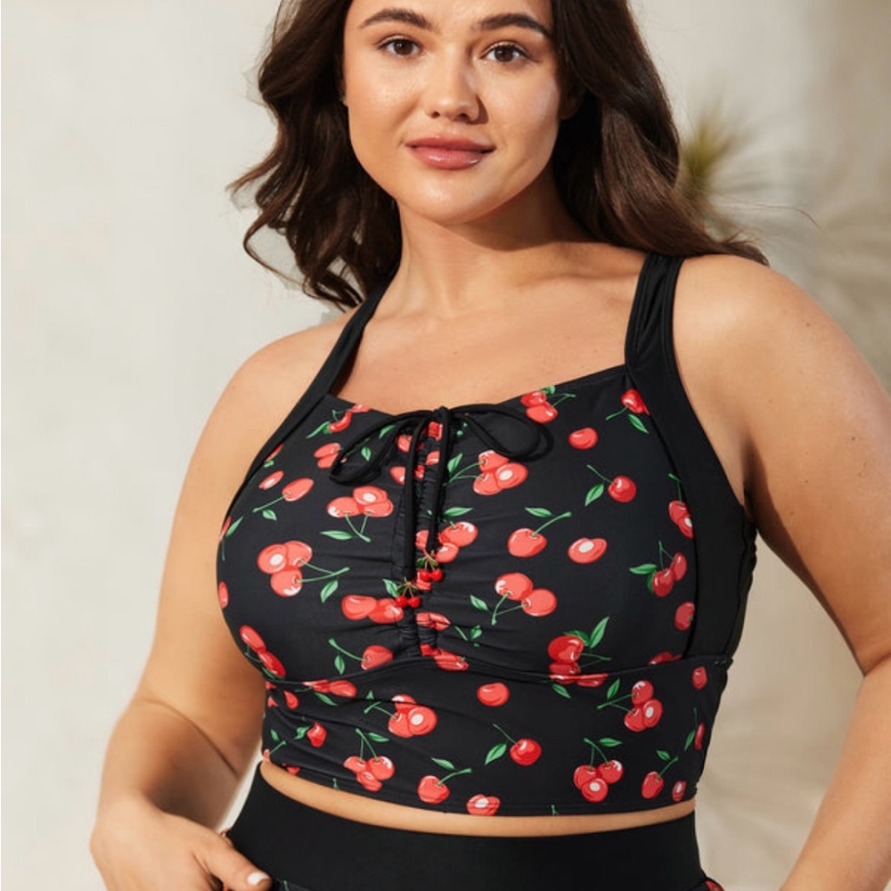 BloomChic Cherry Print Ruched Drawstring Swim Bikini Top